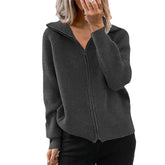 Womens Zip Up Lapel Knit Cardigan Sweaters V Neck Long Sleeve-Grey