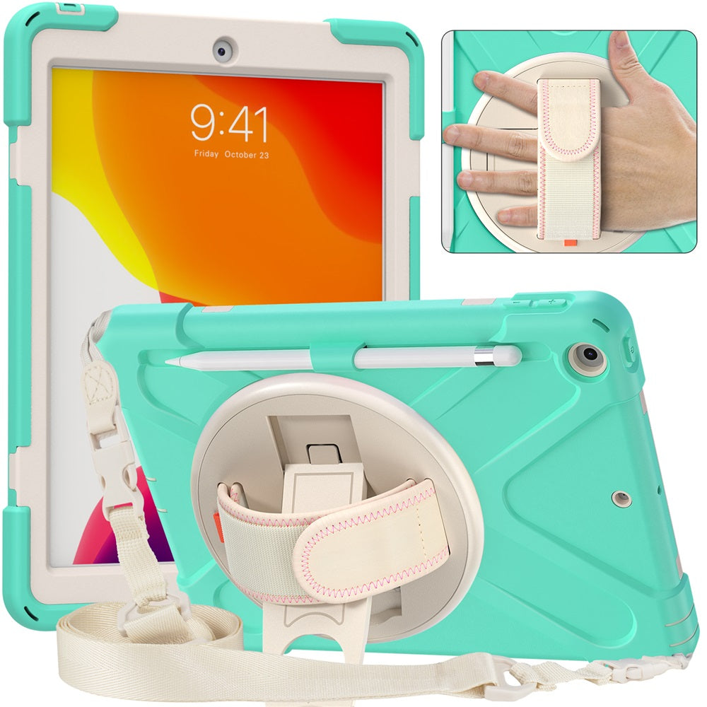 Morandi Case For iPad 10.2 2019/2020 Kids Safe Shockproof Protective Cover With Kickstand+Strap-Mint Green