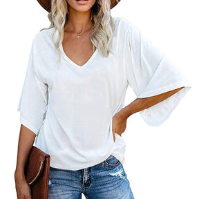 Womens Solid Color Simple V Neck Mid Sleeve T-Shirt-White