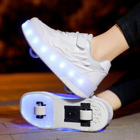 Kids Fashion LED Roller Shoes with Double Wheels for Boys Girls-White