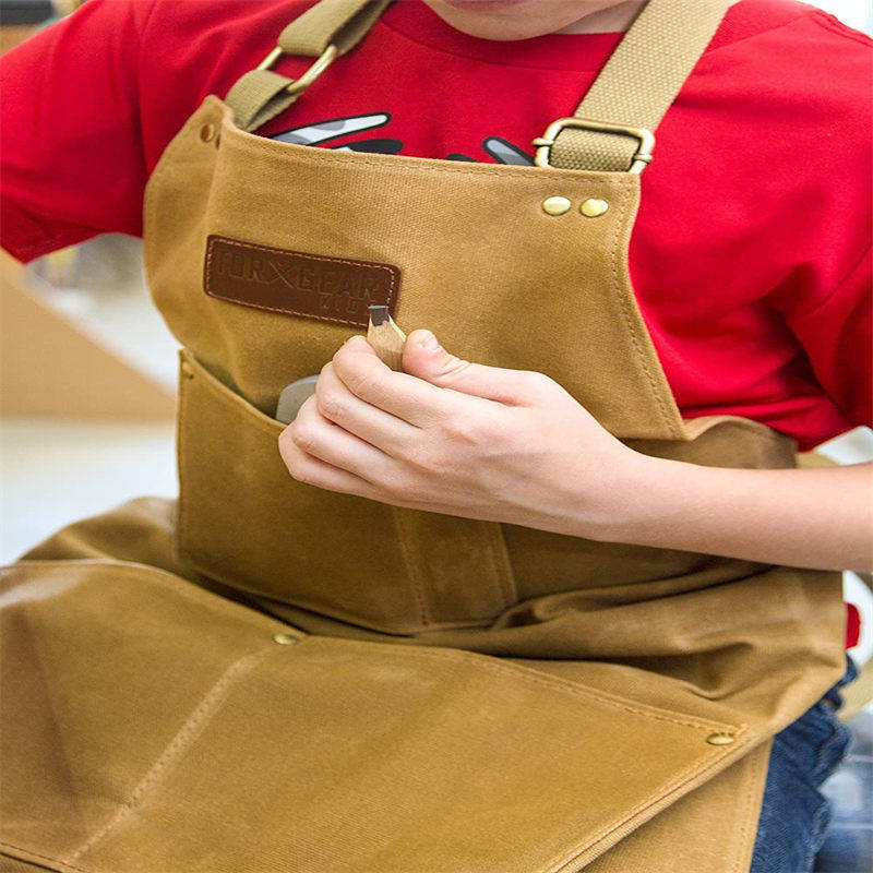 Kids Work Apron Waxed Canvas Tool Safety Smock-Khaki