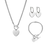 Heart Pendant Necklace Bracelet Earrings 3 Piece Set-Silver