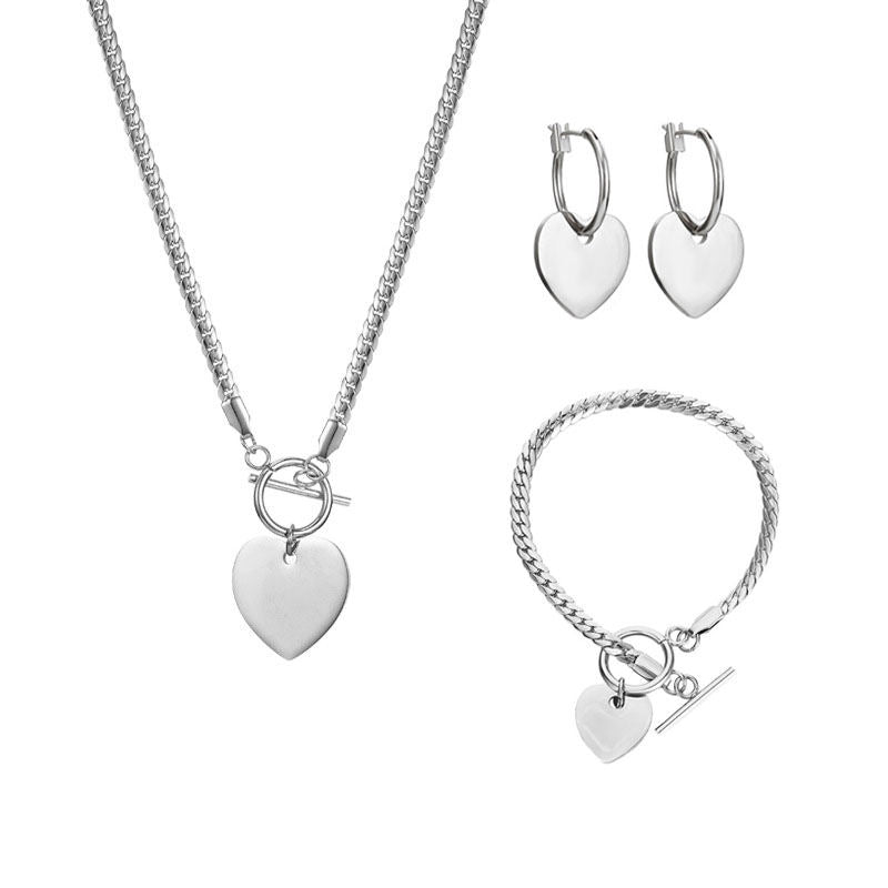 Heart Pendant Necklace Bracelet Earrings 3 Piece Set-Silver