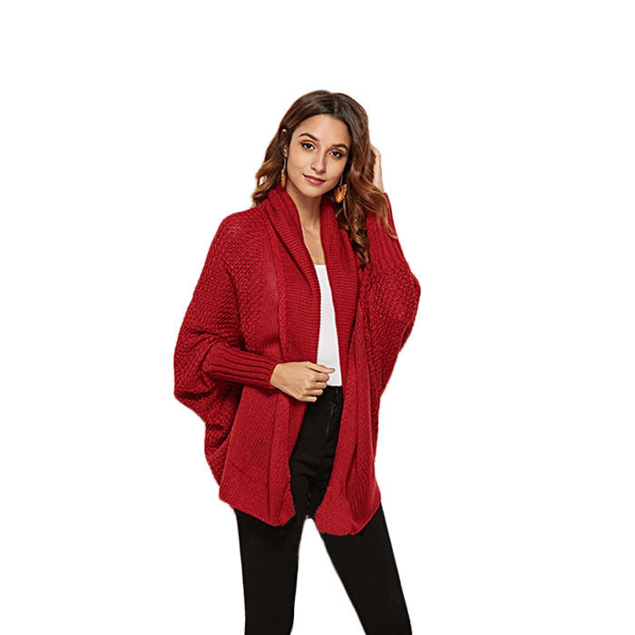 Women's Batwing Knitted Oversized Slouchy Solid Cardigan Sweater Knit Outwear-Red