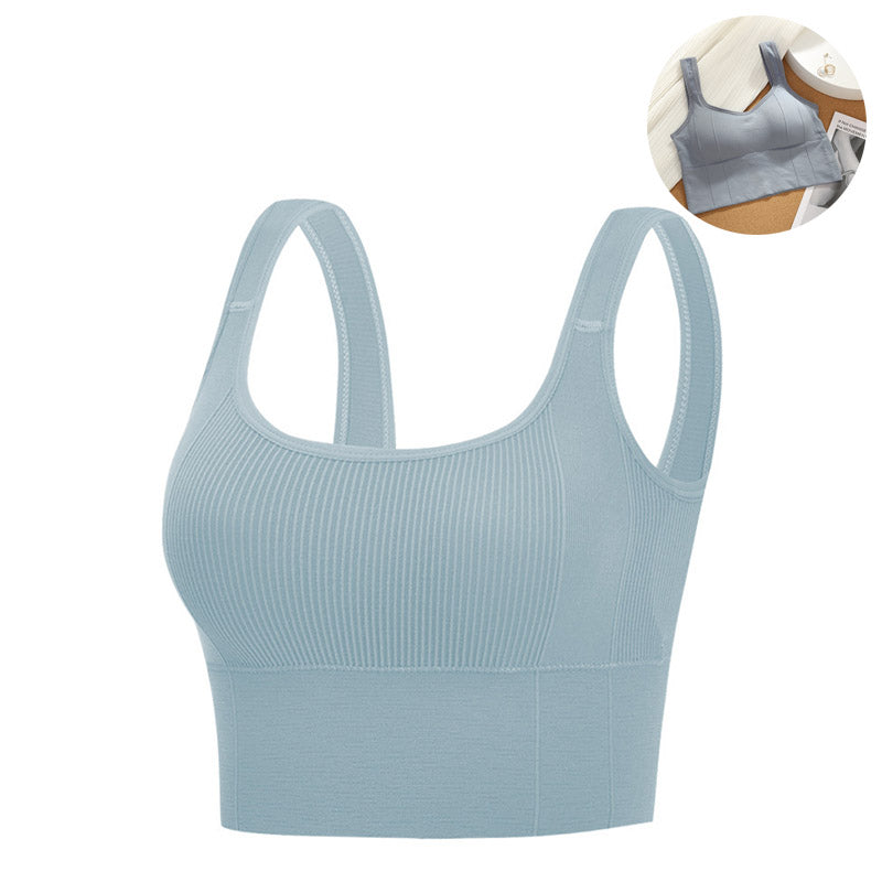Crop Ribbed Tank Tops Solid Breathable Sports Bra Padded-Blue