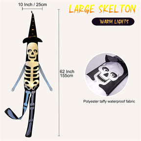 2 Pack Large Hanging Lighted Glowing Skeleton Flag for Indoor Outdoor Yard Decor-White Light