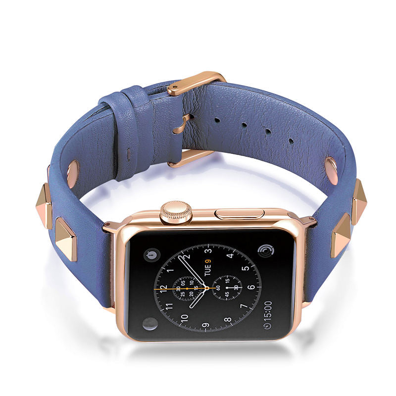 Stylish RoseGold Rivets Leather Replacement Band for iWatch Series 6/5/4/3/2/1/SE-DarkBlue