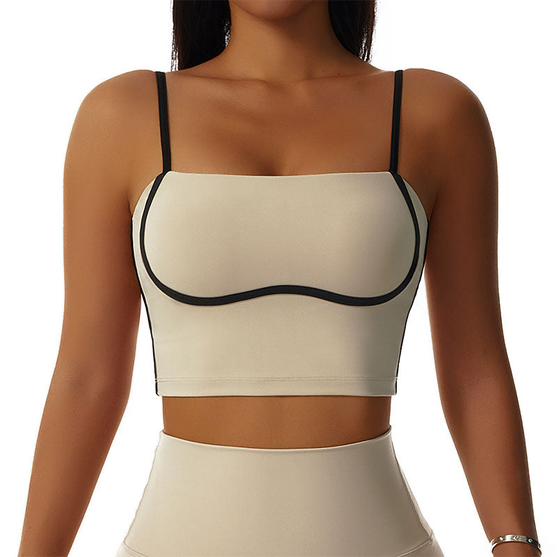 Spaghetti Strap Sports Bra Square Neck Padded Fitness Crop Tops-Milk Tea