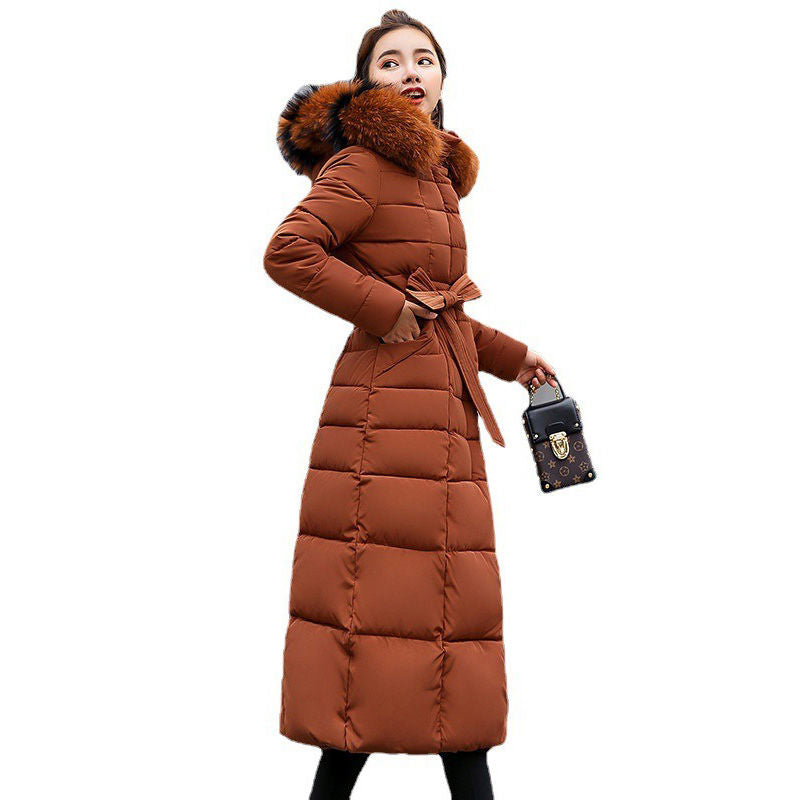 Women Warm Down Jacket with Hood Fur Long Puffer Coat-Caramel