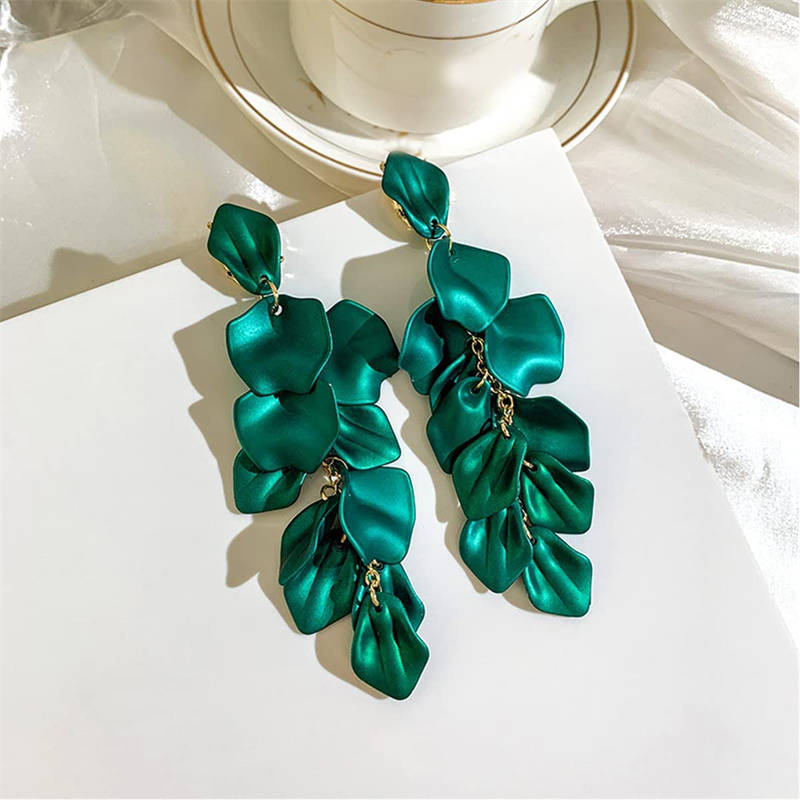 Long Drop Rose Petal Earrings for Women and Girls-Green