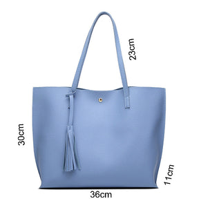 Womens Soft Leather Tote Shoulder Bag Big Capacity Tassel Handbag-Blue