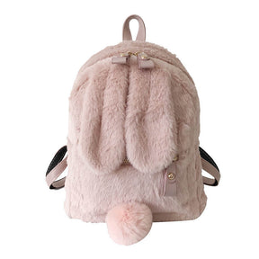 Women Cute Rabbit Ears Backpack Fluffy School Bag Satchel-Pink