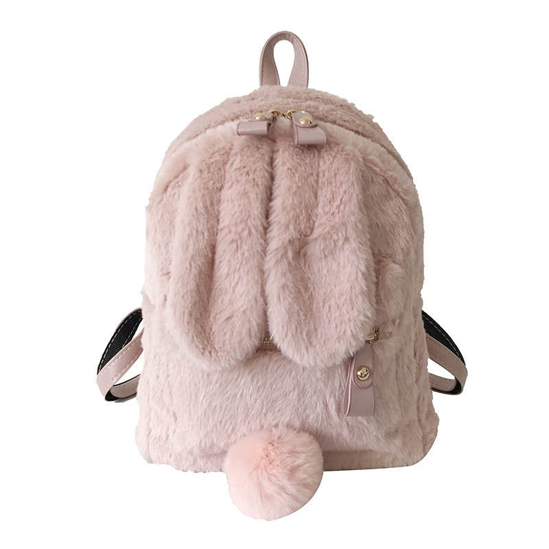 Women Cute Rabbit Ears Backpack Fluffy School Bag Satchel-Pink