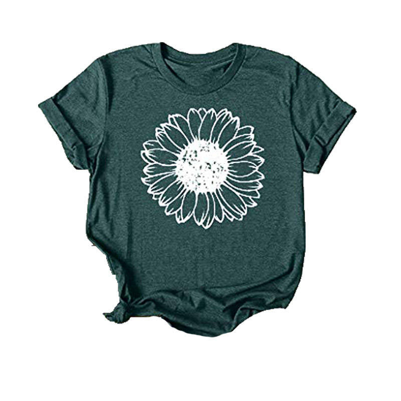 Womens Sunflower Summer Short Sleeve T-shirt Loose Casual Top-Green