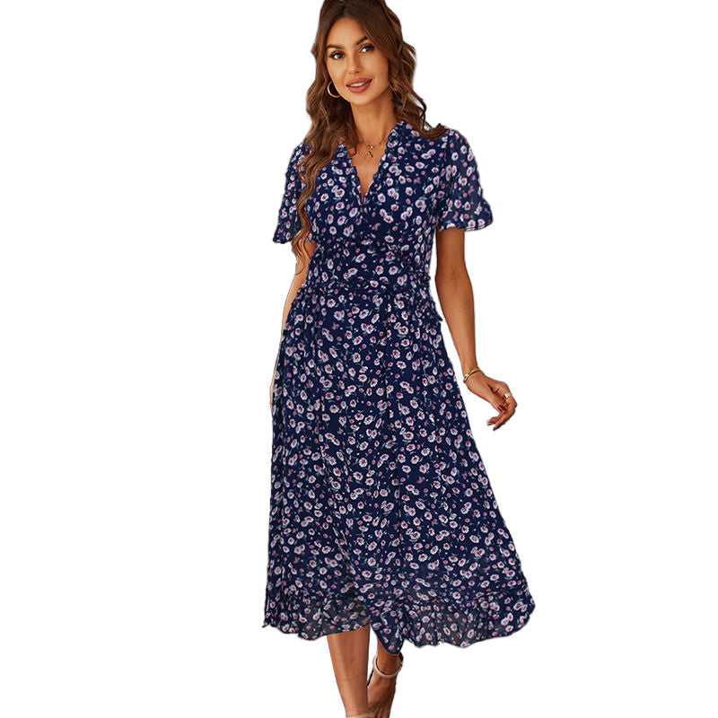 Womens V Neck Floral Dress Summer Beach Vacation Chiffon Dress-Dark Blue