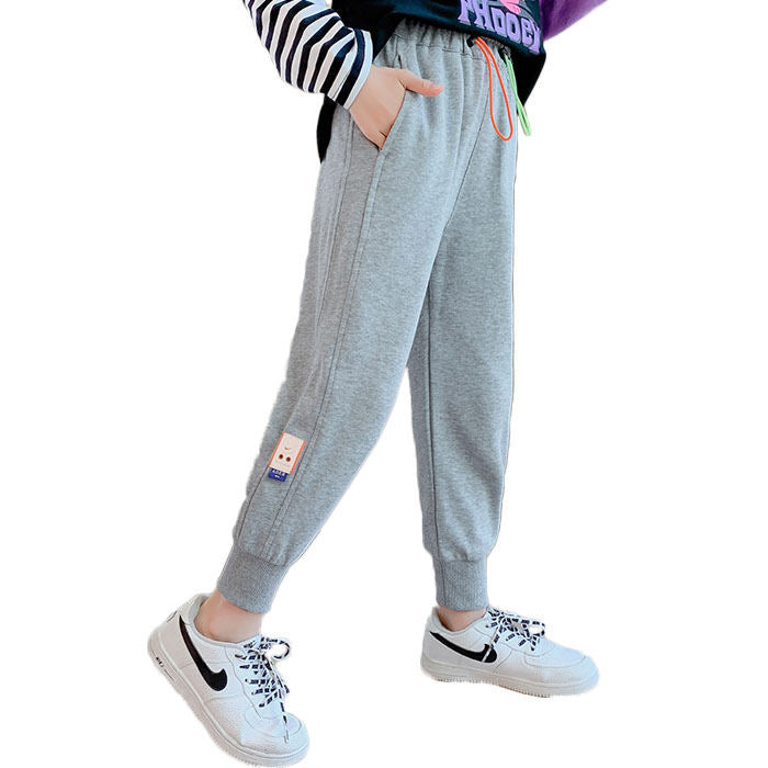 Girls Joggers Long Pants Pockets Outdoor Casual Trousers with Two-color Drawstring-Gray
