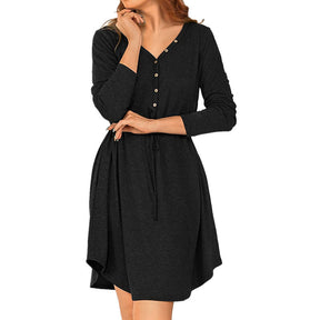 Ladies Casual V Neck Button Long Sleeve Tunic Dress-BlackGray