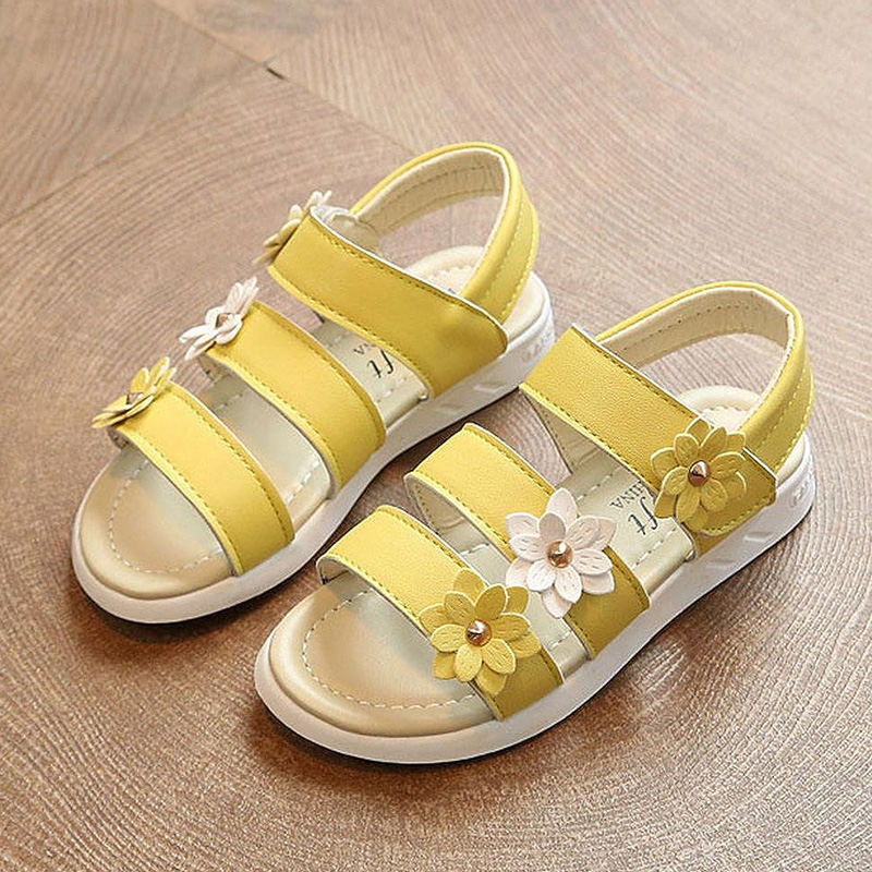 Girls Fashion Flower Sandals Flat Open Toe Shoes for Summer-Yellow