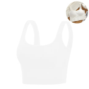 Crop Ribbed Tank Tops Solid Breathable Sports Bra Padded-White