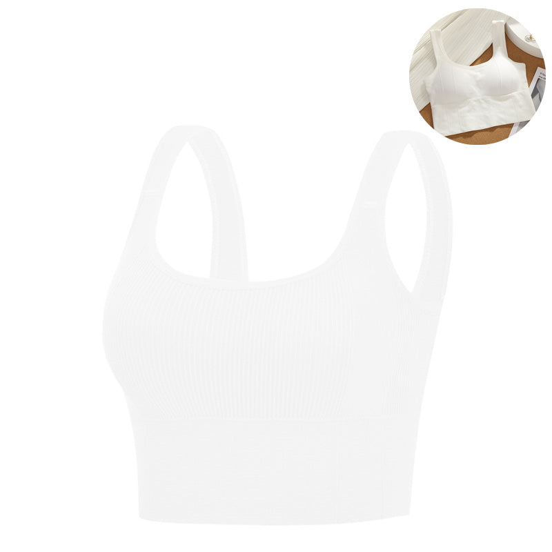 Crop Ribbed Tank Tops Solid Breathable Sports Bra Padded-White