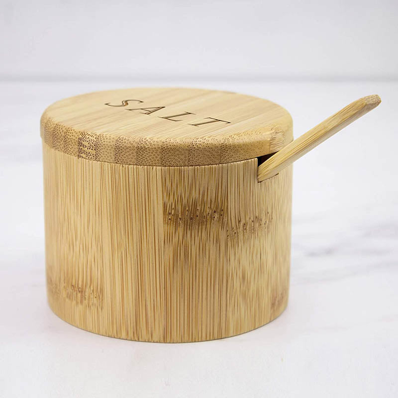 Totally Bamboo Salt Box Bamboo Storage Box with Magnetic Swivel Lid Salt Engraved on Lid with Bamboo Spoon