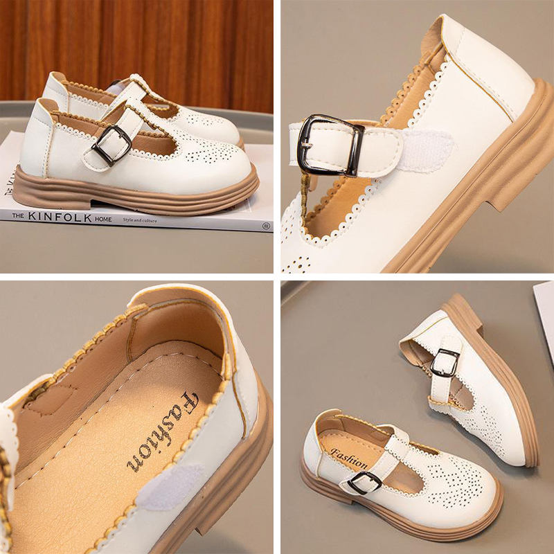 Toddlers Girls Brogues Shoes T-Strap Hook & Loop Retro Flats-White