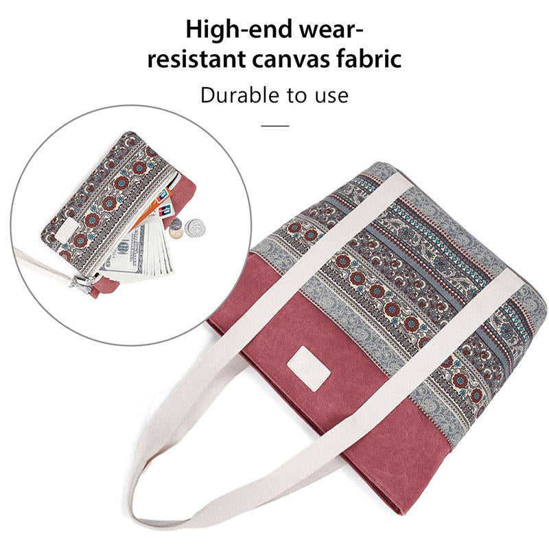 Womens Canvas With Pattern Handbag With Purse-Red Wine