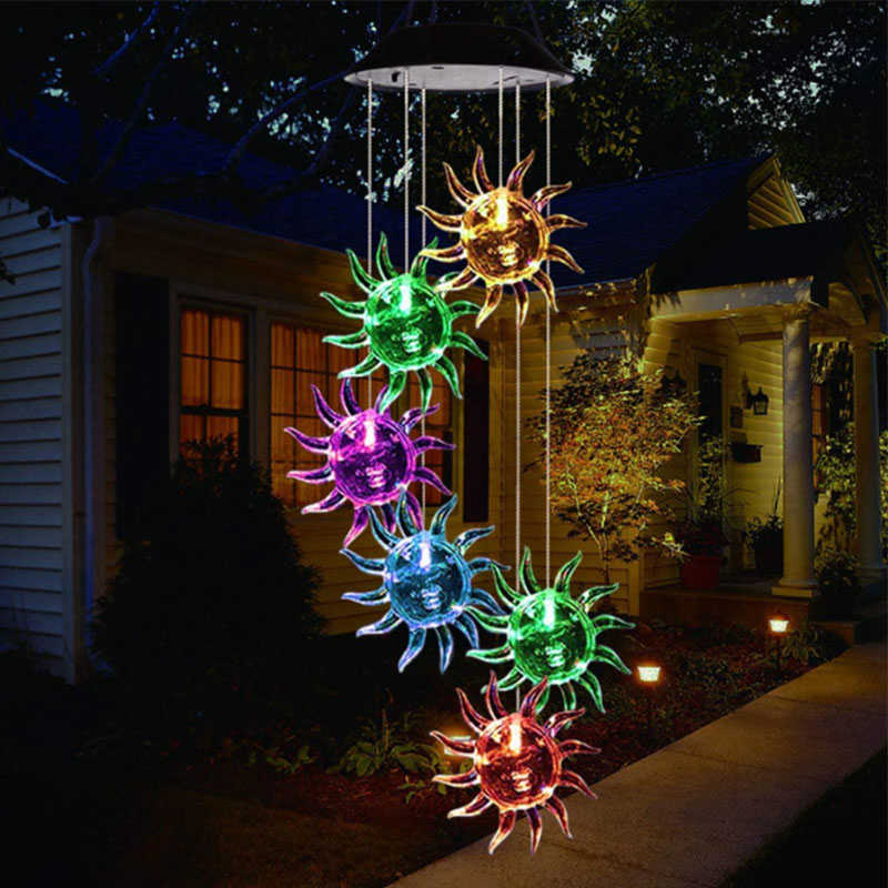 Sun Solar Wind Chimes Colors Changing Light for Garden Terrace-Black