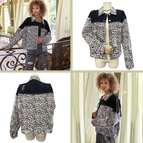 Vintage Denim Jacket for Women Leopard Print Patchwork Cropped Coat