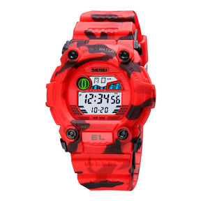 Kids LED Sports Camouflage Watch Waterproof Digital Electronic Military Wrist Watches-Red