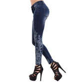 Womens Patchwork Jeans Mid Rise Floral Embroidered Shaping Skinny Pants-NavyBlue