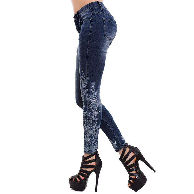 Womens Patchwork Jeans Mid Rise Floral Embroidered Shaping Skinny Pants-NavyBlue
