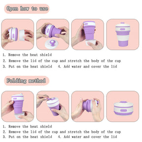 2 Pack 350ml Silicone Collapsible Travel Mug with Lid-Pink Purple