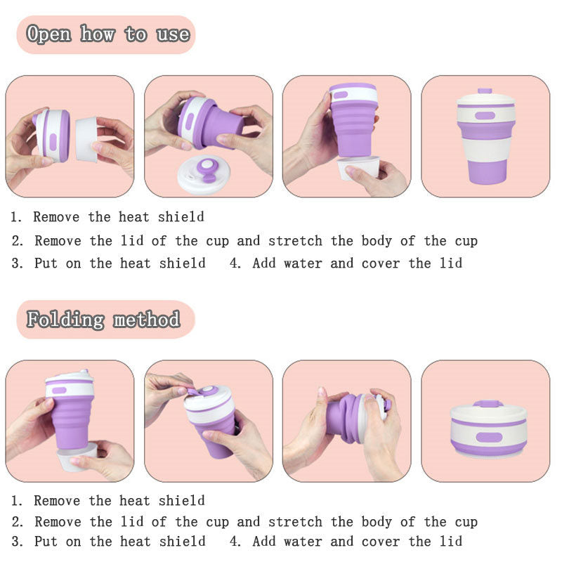 2 Pack 350ml Silicone Collapsible Travel Mug with Lid-Pink Purple