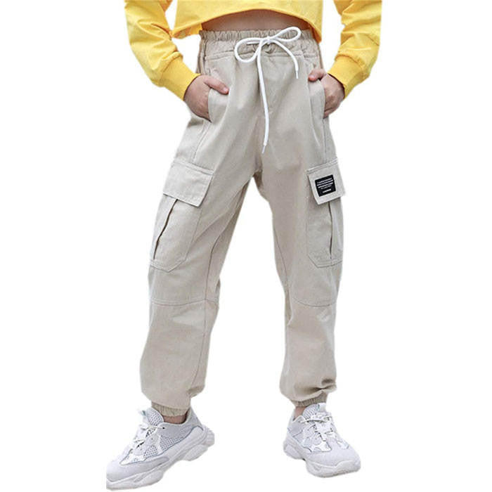 Girls Joggers Long Pants Pockets Outdoor Casual Trousers with Drawstring Multicolor-Khaki
