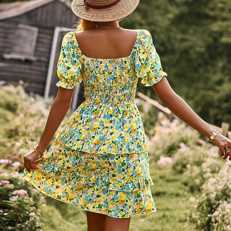 Womens Summer Dress High Waist Floral Smocked Tiered Dresses-Yellow