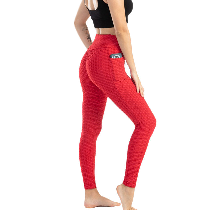 Womens Leggings Ruched Butt Lifting Stretchy Tights with Pockets-Red