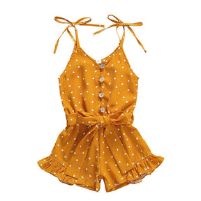 Baby Girl Clothes Self Tie Sleeveless Romper Heart Shape Print Jumpsuit-Yellow