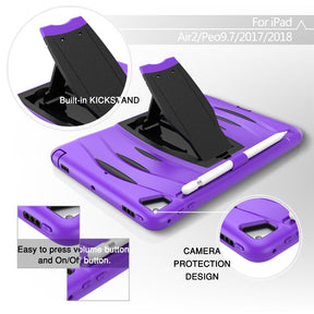 Shock Wave Kickstand Case Anti-Fall Protection With Pencil Holder For 9.7inch iPad 5/iPad 6/iPad Air2/iPad Pro9.7-Purple