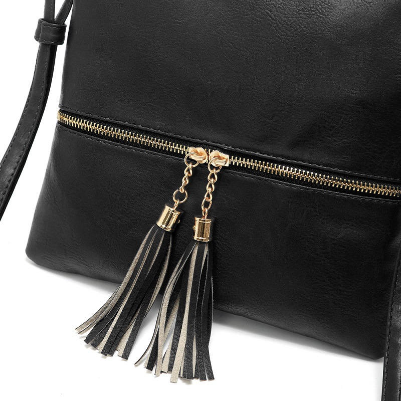 Lightweight Medium Crossbody Bag with Tassel-Black