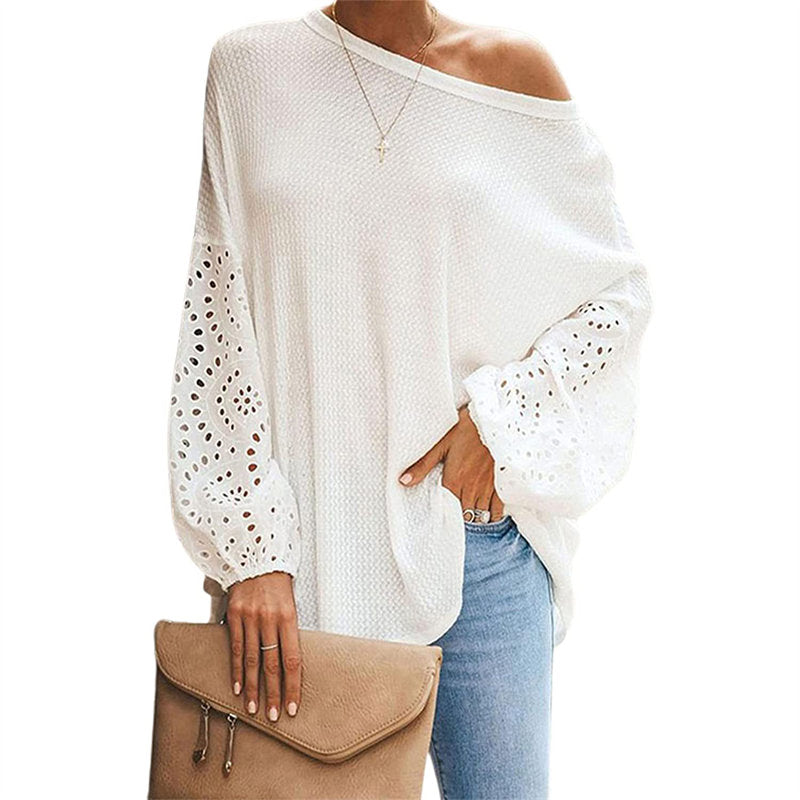 Womens Off Shoulder Tops Waffle Knit Lantern Long Sleeve Pullover-White