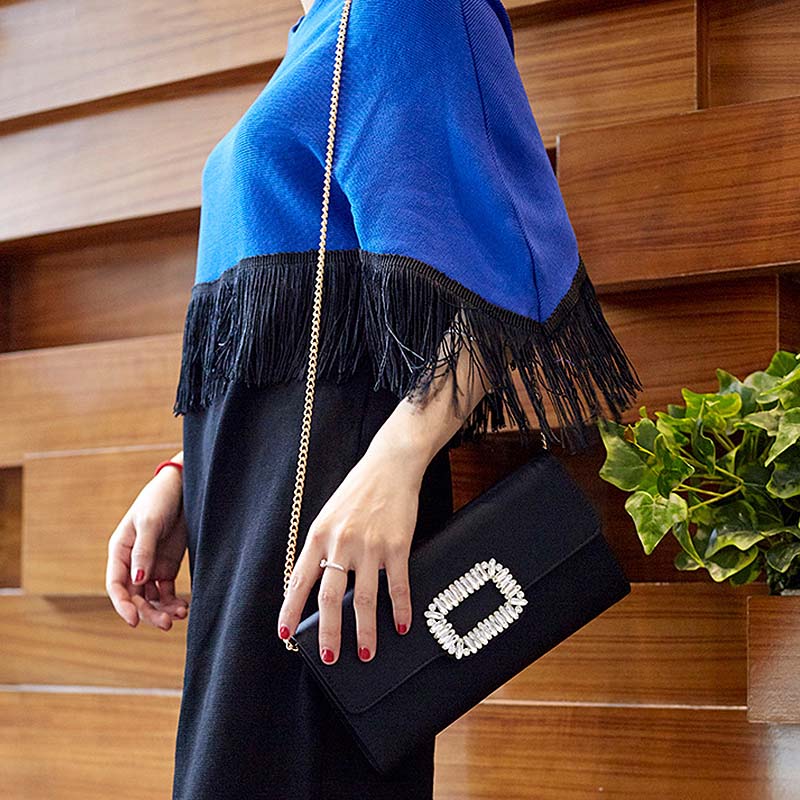 Womens Fashion Square Buckle Design Evening Bag with Chain Strap-Black