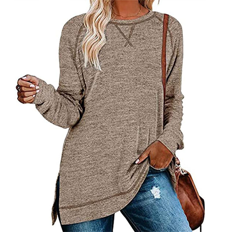 Womens Fall Crewneck Tunic Tops Loose Long Sleeve-Khaki