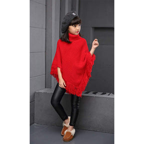 Girls Fall Loose Knitted Pullover Sweaters Poncho Tassel Turtleneck Cloak Cape-Red