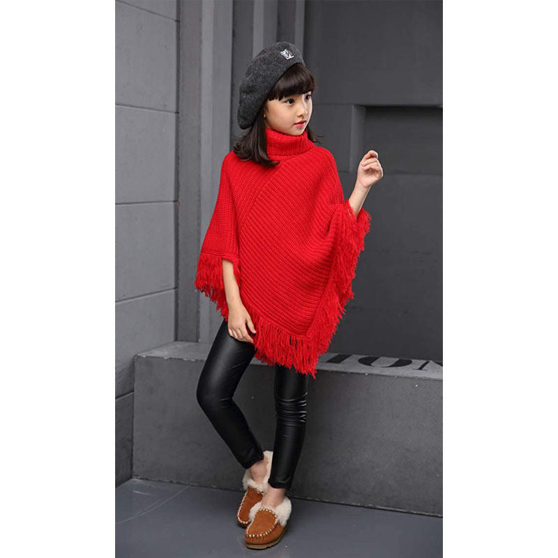 Girls Fall Loose Knitted Pullover Sweaters Poncho Tassel Turtleneck Cloak Cape-Red