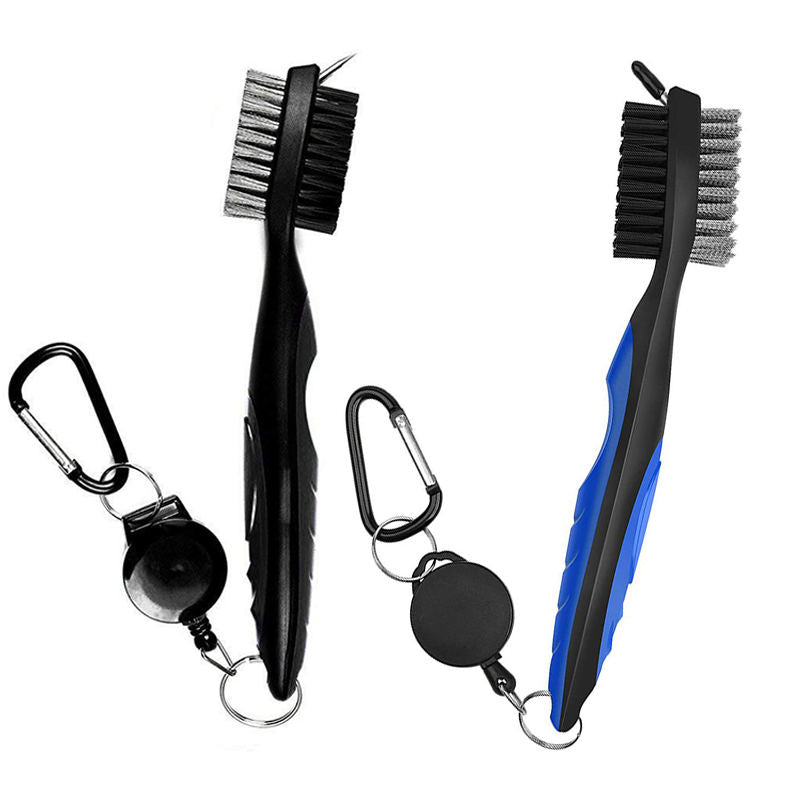 2Pcs Golf Club Brush Groove Cleaner with Retractable Zip-line Carabiner-Blue Black