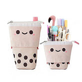 Cute Pen Pencil Telescopic Holder Pop Up Stationery Case Smile Face Dot Organizer -Beige