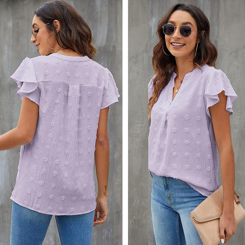 Womens Ruffle Shirts V Neck Short Sleeve Pom Chiffon Blouses Tops-Light Purple