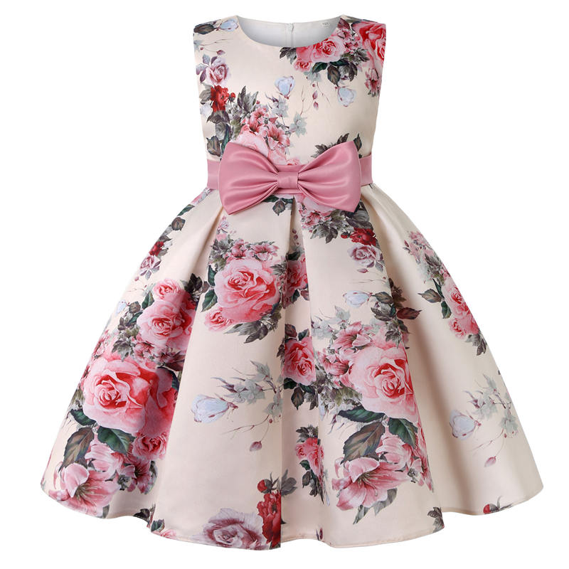 Floral Girls Dresses Summer Girl Clothes Sleeveless Dresses With Bow-Bean Paste