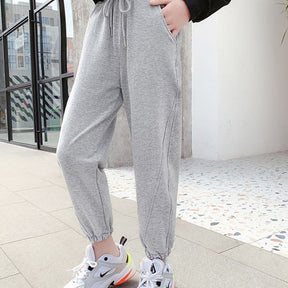 Girls Joggers Long Pants Pockets Outdoor Casual Trousers with Drawstring Splicing-Gray
